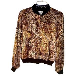 Vintage Allison Taylor 100% Silk Cheetah Print Bomber Jacket Women's Size Large